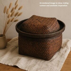 Vintage Woven Rattan Basket w Lid Boho Southeast Asian Decor